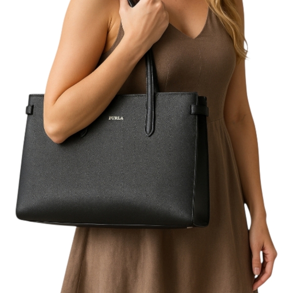 Furla Handbags - Furla Leather Shoulder Tote Dusty Blue Black Gold Logo 14x10 Excellent